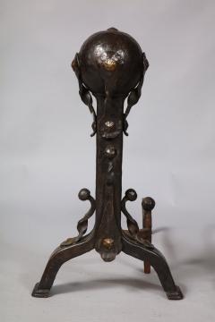 Pair of Iron and Bronze Strapwork Sphere Andirons - 3340943