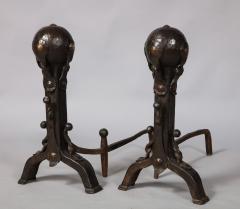 Pair of Iron and Bronze Strapwork Sphere Andirons - 3340947