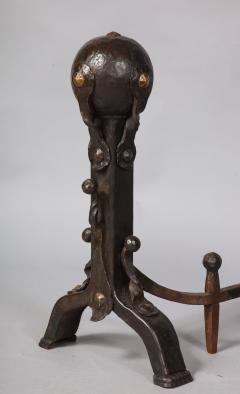 Pair of Iron and Bronze Strapwork Sphere Andirons - 3340948