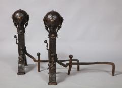 Pair of Iron and Bronze Strapwork Sphere Andirons - 3340951