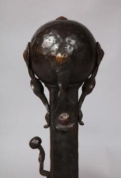 Pair of Iron and Bronze Strapwork Sphere Andirons - 3340953