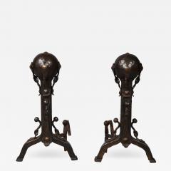 Pair of Iron and Bronze Strapwork Sphere Andirons - 3342321