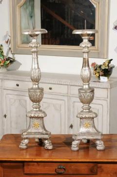 Pair of Italian 18th Century Silver Candlesticks with Gilt Star and Waterleaves - 3420382