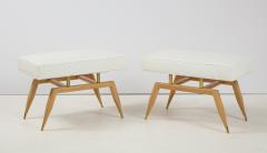 Pair of Italian 1940s Oak and Brass Benches with Upholstered Seat - 1585379