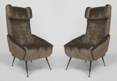Pair of Italian 1960s Grey Velvet Upholstered Stylized Wing Back Armchairs - 424929