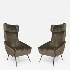 Pair of Italian 1960s Grey Velvet Upholstered Stylized Wing Back Armchairs - 425578