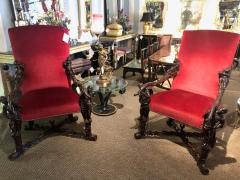 Pair of Italian 19th Century Baroque Carved Arm Throne Chairs Figural Carvings - 2976699