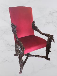 Pair of Italian 19th Century Baroque Carved Arm Throne Chairs Figural Carvings - 2976700