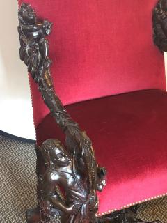 Pair of Italian 19th Century Baroque Carved Arm Throne Chairs Figural Carvings - 2976701