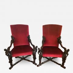 Pair of Italian 19th Century Baroque Carved Arm Throne Chairs Figural Carvings - 2988345