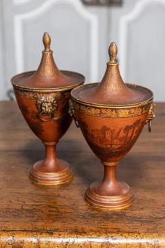 Pair of Italian 19th Century Napoleon III Lacquered Tin Lidded Vases with Scenes - 3638506