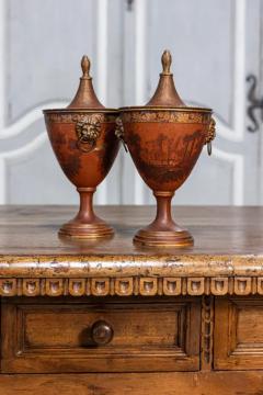 Pair of Italian 19th Century Napoleon III Lacquered Tin Lidded Vases with Scenes - 3638507