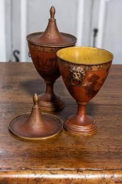 Pair of Italian 19th Century Napoleon III Lacquered Tin Lidded Vases with Scenes - 3638539