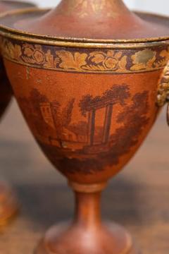 Pair of Italian 19th Century Napoleon III Lacquered Tin Lidded Vases with Scenes - 3638542