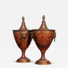 Pair of Italian 19th Century Napoleon III Lacquered Tin Lidded Vases with Scenes - 3639724