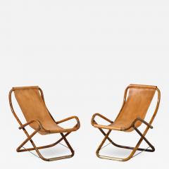 Pair of Italian Bamboo Leather and Brass Campaign Chairs circa 1970 - 2649323