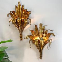 Pair of Italian Gilt Tole Palm Leaf and Coronet Wall Lights - 3428791