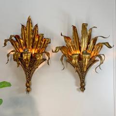 Pair of Italian Gilt Tole Palm Leaf and Coronet Wall Lights - 3428794