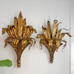 Pair of Italian Gilt Tole Palm Leaf and Coronet Wall Lights - 3428799
