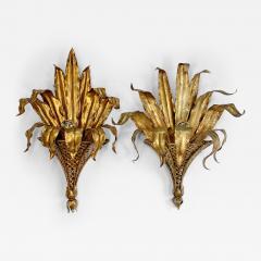 Pair of Italian Gilt Tole Palm Leaf and Coronet Wall Lights - 3435190