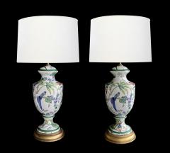 Pair of Italian Hand painted Porcelain Baluster form Lamps with Bird Motifs - 4261269