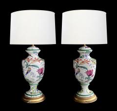 Pair of Italian Hand painted Porcelain Baluster form Lamps with Bird Motifs - 4261270