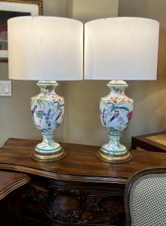 Pair of Italian Hand painted Porcelain Baluster form Lamps with Bird Motifs - 4261277