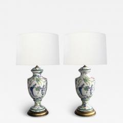 Pair of Italian Hand painted Porcelain Baluster form Lamps with Bird Motifs - 4262838