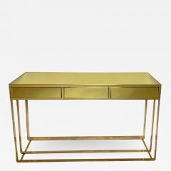 Pair of Italian Lemon Yellow Mirror and Brass Consoles with Drawers - 1802476