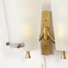 Pair of Italian Mid Century Double Shaded Textured Glass Brass Wall Sconces - 4792586