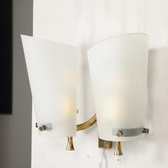 Pair of Italian Mid Century Double Shaded Textured Glass Brass Wall Sconces - 4792587