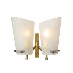 Pair of Italian Mid Century Double Shaded Textured Glass Brass Wall Sconces - 4792613