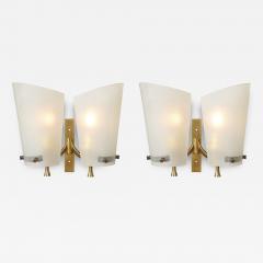 Pair of Italian Mid Century Double Shaded Textured Glass Brass Wall Sconces - 4793013