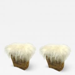 Pair of Italian Mid Century Modern Carved Olive Wood Goatskin Benches Stools - 4106026
