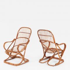 Pair of Italian Mid Century Modern Rattan Lounge Arm Chairs - 2282939