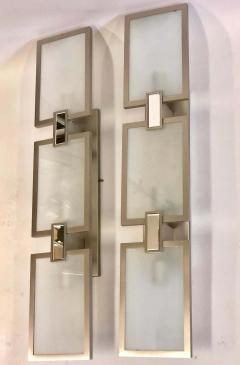 Pair of Italian Midcentury Style Nickel and Frosted Glass Sconces Flush Mounts - 1770860