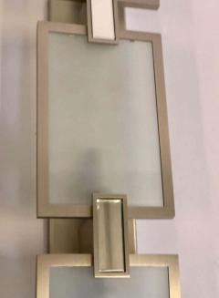 Pair of Italian Midcentury Style Nickel and Frosted Glass Sconces Flush Mounts - 1770861