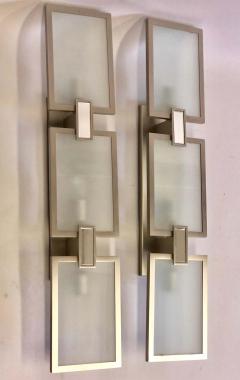Pair of Italian Midcentury Style Nickel and Frosted Glass Sconces Flush Mounts - 1770862