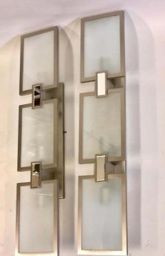 Pair of Italian Midcentury Style Nickel and Frosted Glass Sconces Flush Mounts - 1770863