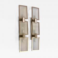 Pair of Italian Midcentury Style Nickel and Frosted Glass Sconces Flush Mounts - 1772671