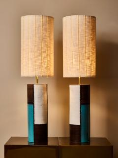 Pair of Italian Modern Ceramic Table Lamps in Turquoise White and Brown Glaze - 4693391