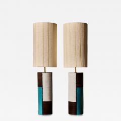 Pair of Italian Modern Ceramic Table Lamps in Turquoise White and Brown Glaze - 4713831