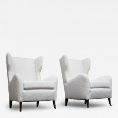 Pair of Italian Modern Tall Wingback Arm Chairs in Boucl and Walnut - 3161063