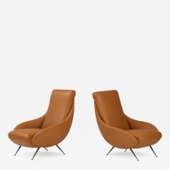 Pair of Italian Modernist Leather Lounge Slipper Chairs Italy circa 1950 - 3223479