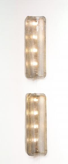 Pair of Italian Murano Glass and Brass Vertical Sconces with Clear Ribbed Glass - 4619011
