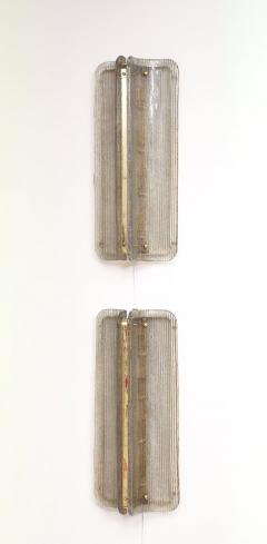 Pair of Italian Murano Glass and Brass Vertical Sconces with Clear Ribbed Glass - 4619015