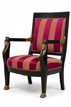 Pair of Italian Neo Classic Ebonized and Parcel Gilt Red Upholstered Armchairs - 4169841