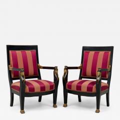 Pair of Italian Neo Classic Ebonized and Parcel Gilt Red Upholstered Armchairs - 4186271