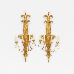 Pair of Italian Neoclassic Style Carved Palm Giltwood Wall Sconces - 1403207