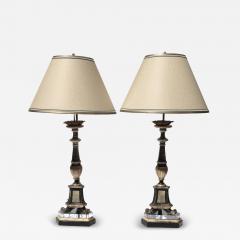 Pair of Italian Neoclassical Black and Silver Gilt Candlestick Lamps Circa 1820 - 4470092